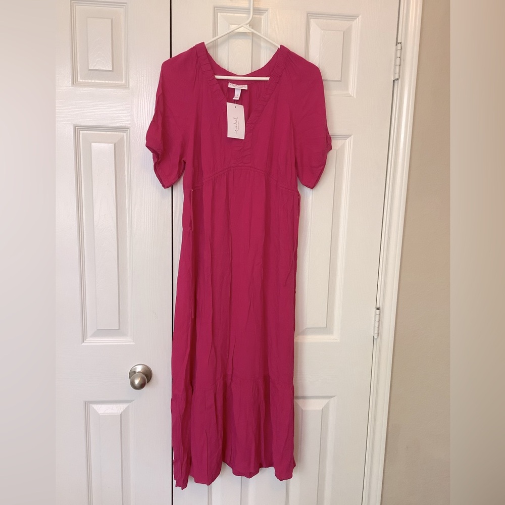 NWT Isabel Maternity Pink Women's Dress S V Neck Adjustable Waist